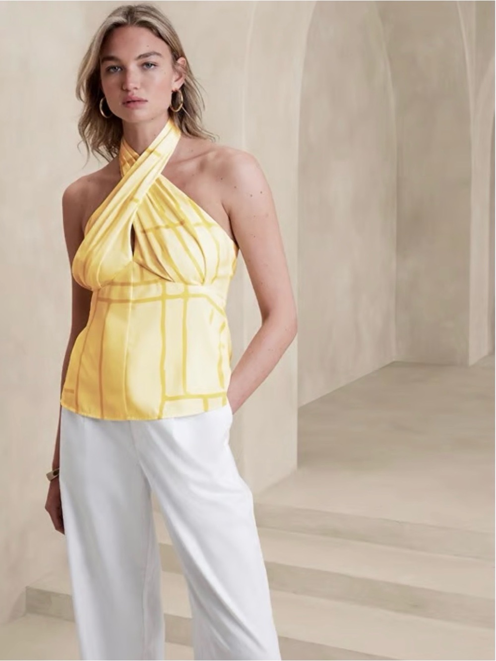 Banana Republic Yellow Halter Twist-Front Top Size 14